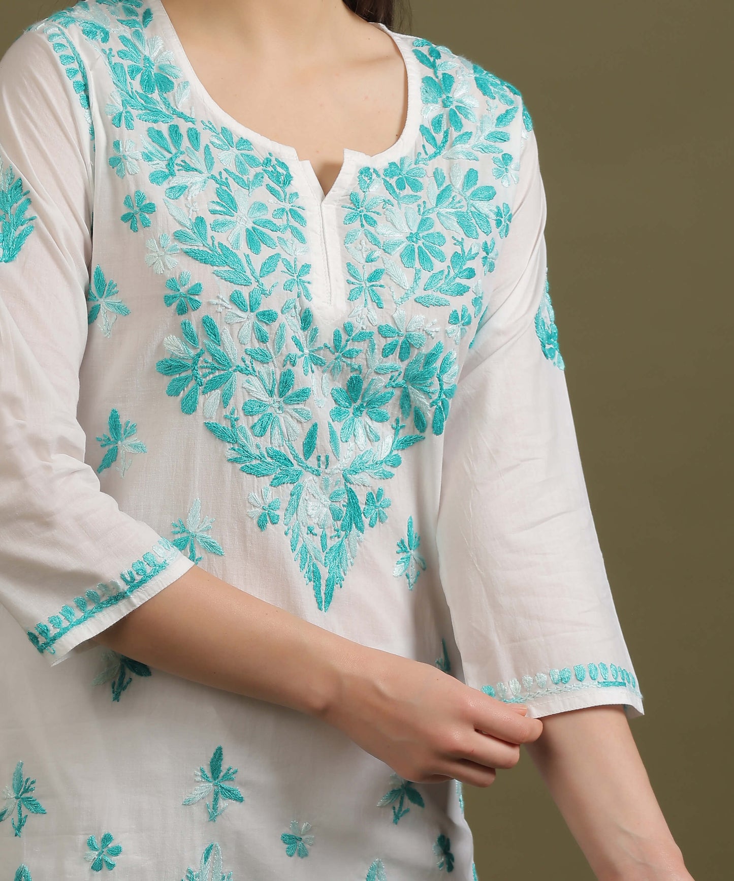 NEA Chikankari White Cambric Cotton Short Kurti WIth Shaded Sky Blue Embroidery