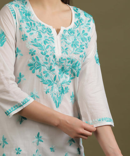 NEA Chikankari White Cambric Cotton Short Kurti WIth Shaded Sky Blue Embroidery