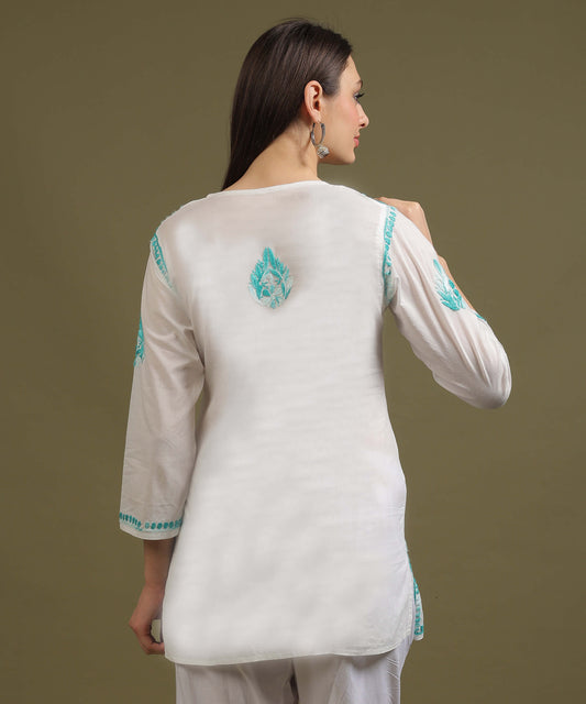 NEA Chikankari White Cambric Cotton Short Kurti WIth Shaded Sky Blue Embroidery