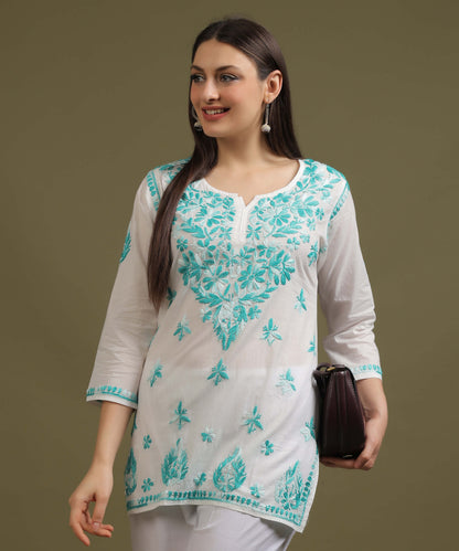 NEA Chikankari White Cambric Cotton Short Kurti WIth Shaded Sky Blue Embroidery
