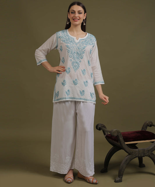 NEA Chikankari White Cambric Cotton Short Kurti With Sky Blue Embroidery