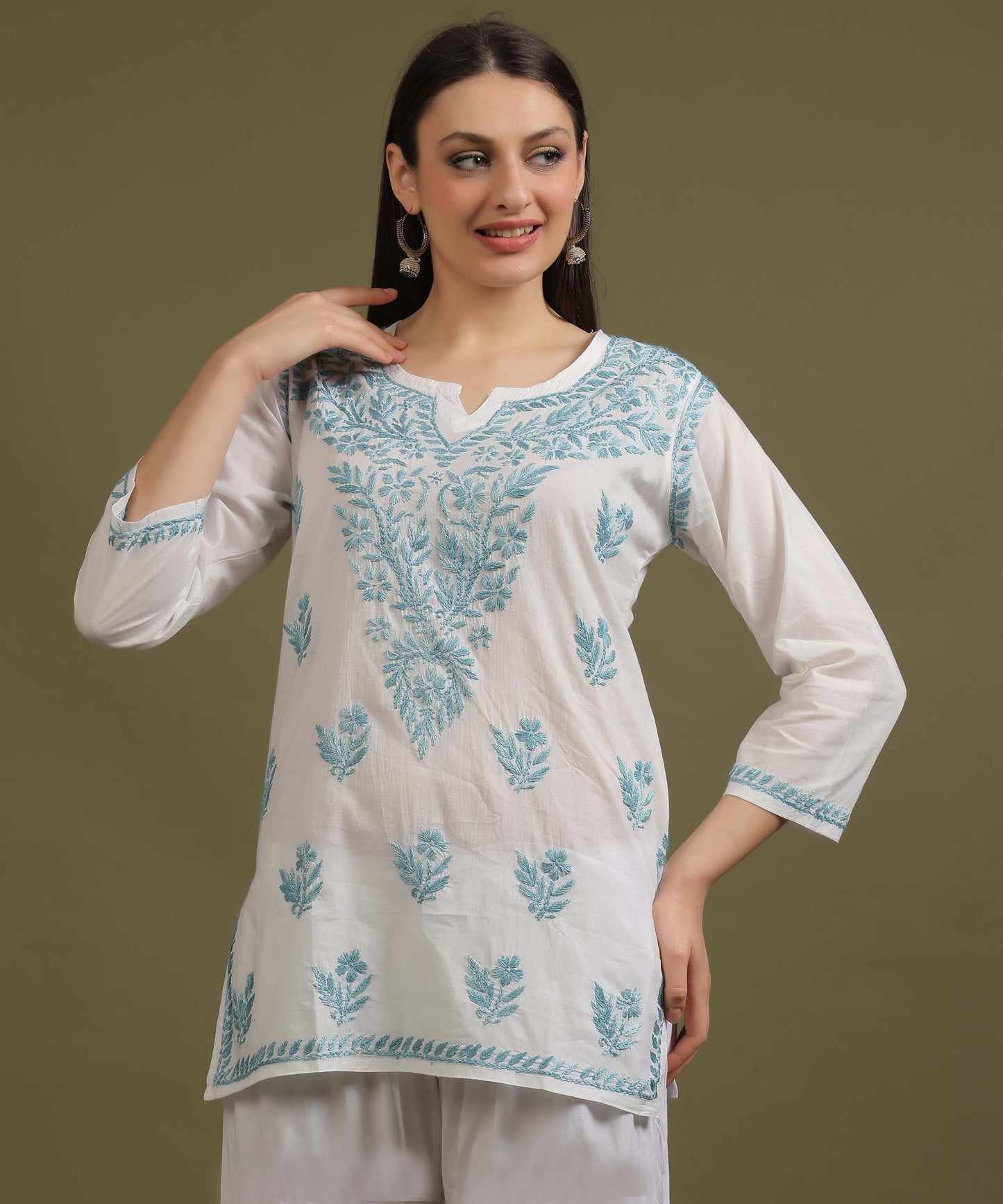 NEA Chikankari White Cambric Cotton Short Kurti With Sky Blue Embroidery
