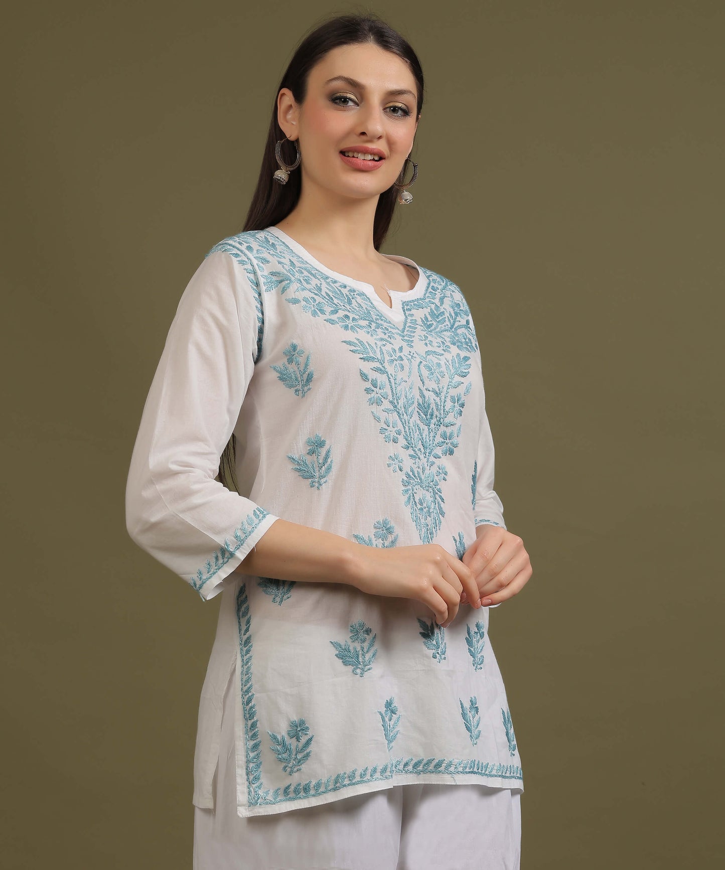 NEA Chikankari White Cambric Cotton Short Kurti With Sky Blue Embroidery