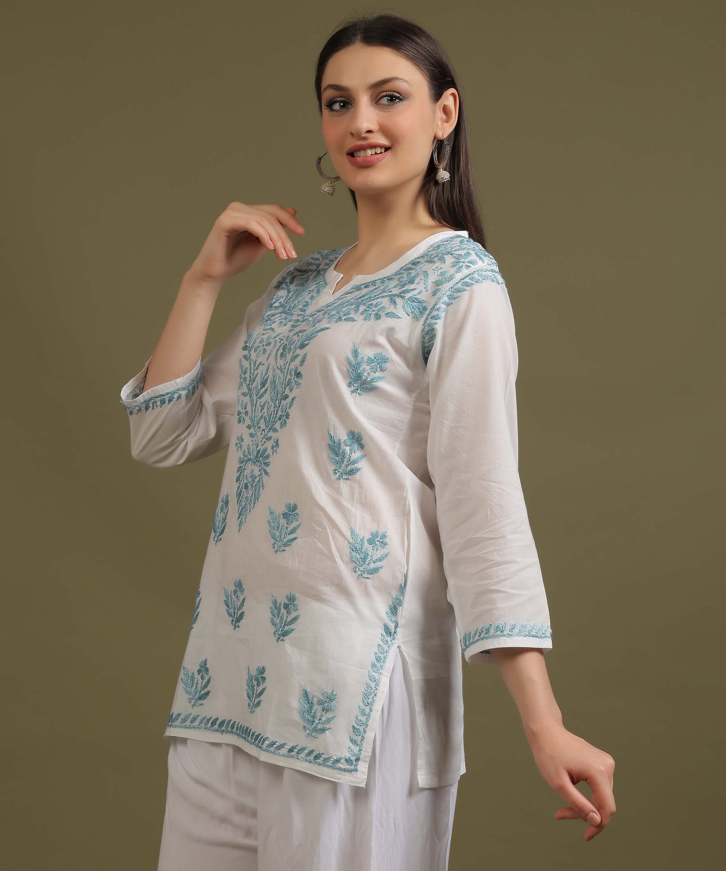 NEA Chikankari White Cambric Cotton Short Kurti With Sky Blue Embroidery