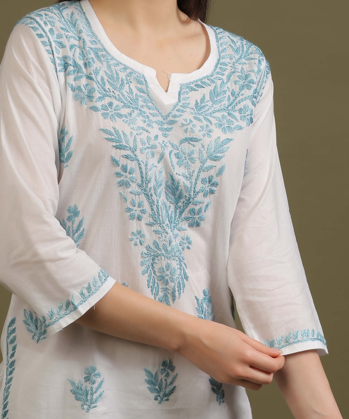 NEA Chikankari White Cambric Cotton Short Kurti With Sky Blue Embroidery