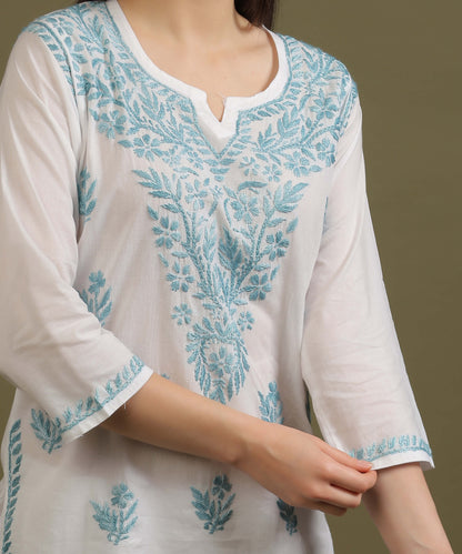 NEA Chikankari White Cambric Cotton Short Kurti With Sky Blue Embroidery