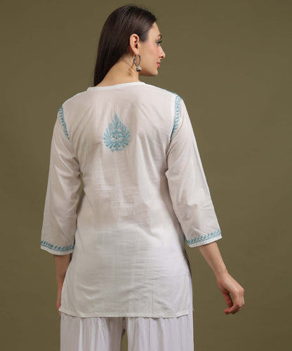 NEA Chikankari White Cambric Cotton Short Kurti With Sky Blue Embroidery