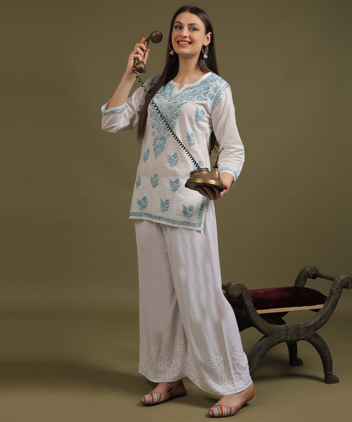 NEA Chikankari White Cambric Cotton Short Kurti With Sky Blue Embroidery