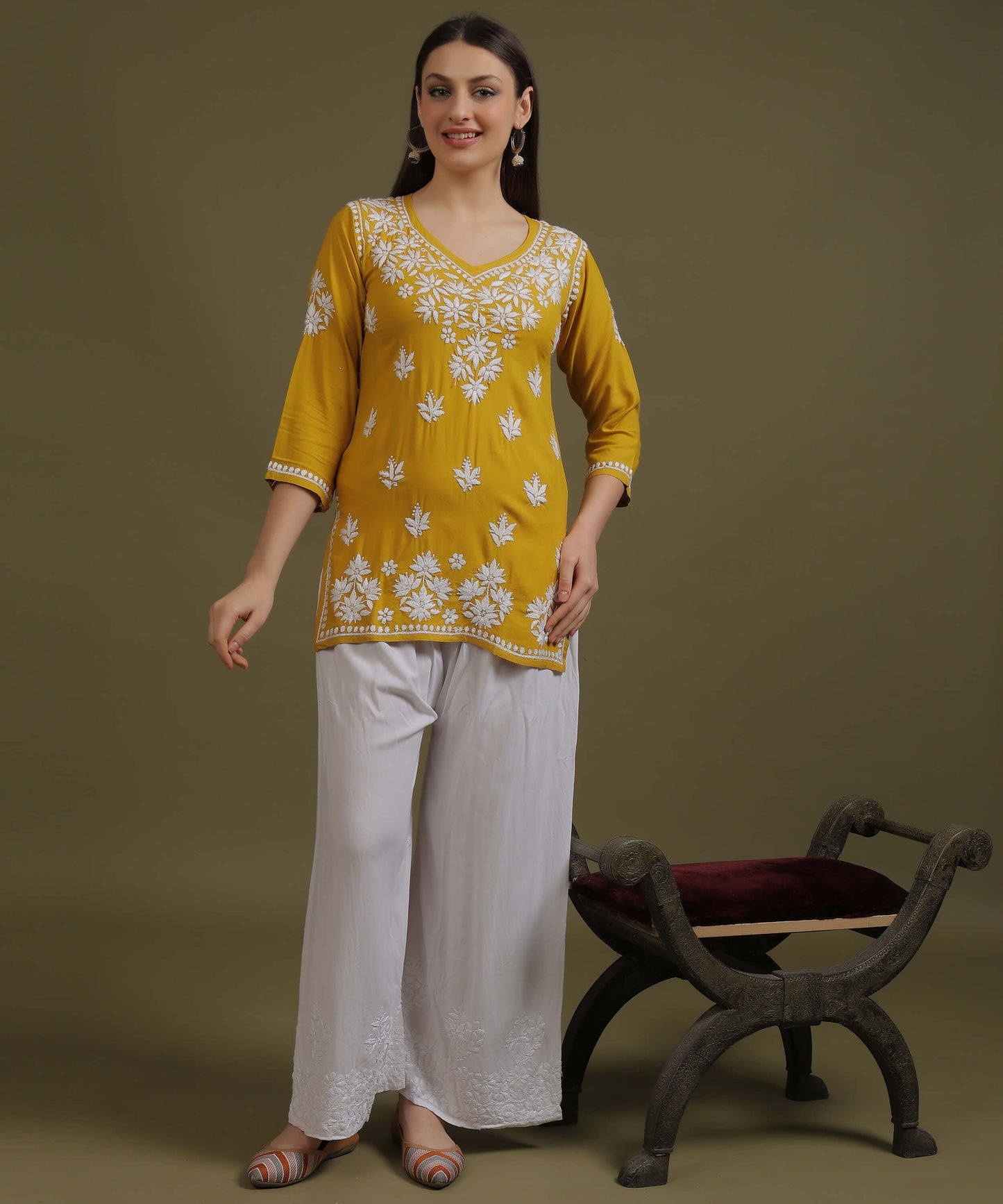 NEA Chikankari Yellow Rayon Short Top With White Embroidery
