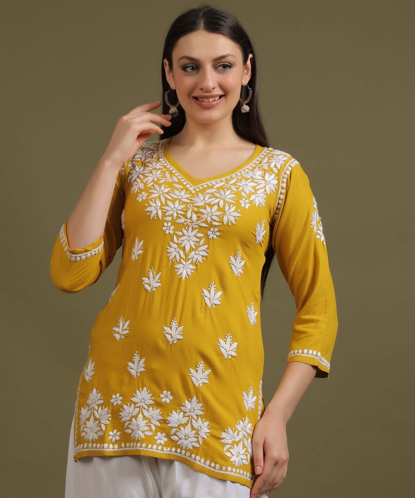 NEA Chikankari Yellow Rayon Short Top With White Embroidery