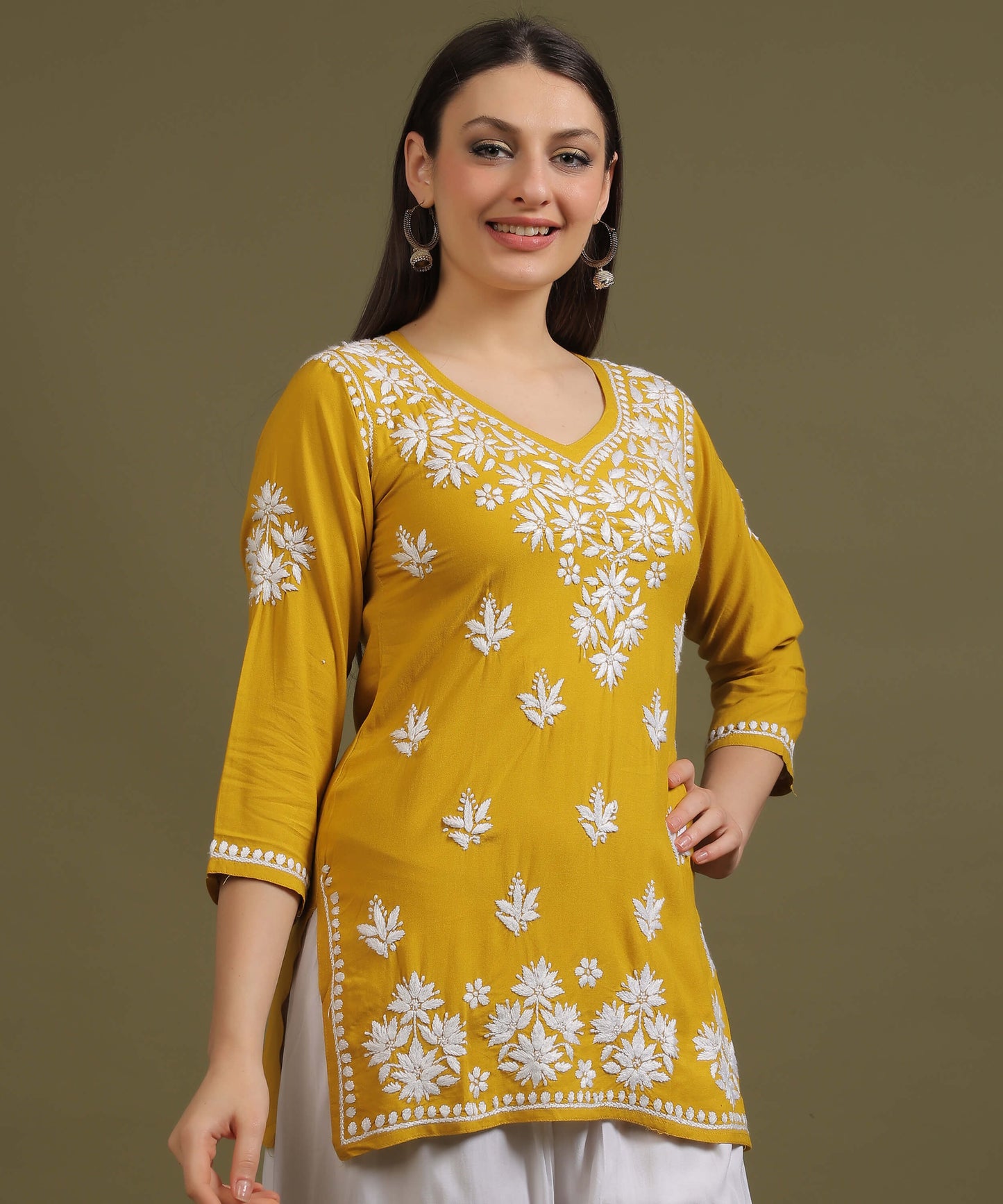 NEA Chikankari Yellow Rayon Short Top With White Embroidery