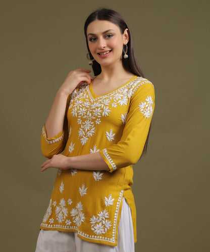 NEA Chikankari Yellow Rayon Short Top With White Embroidery