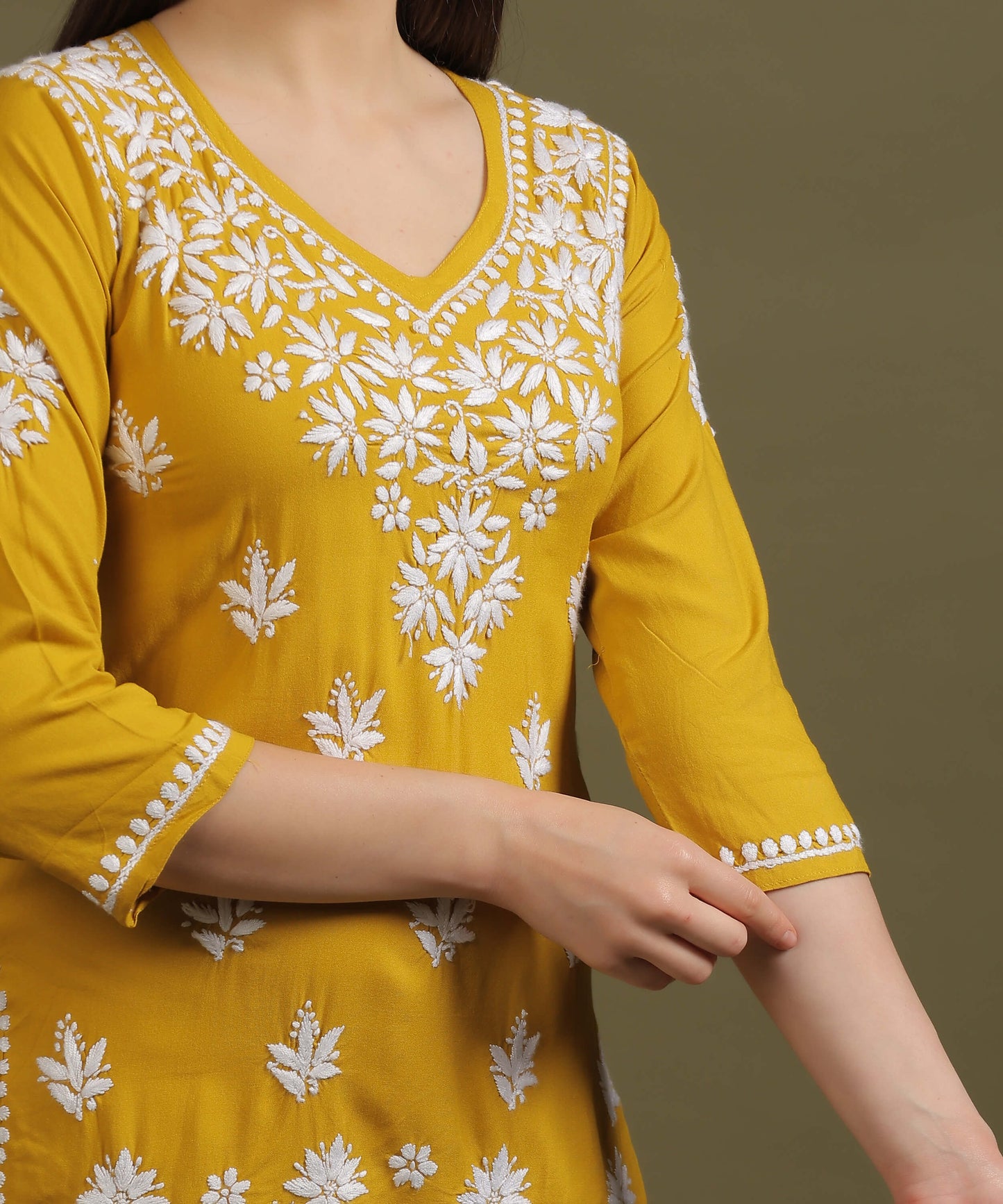 NEA Chikankari Yellow Rayon Short Top With White Embroidery