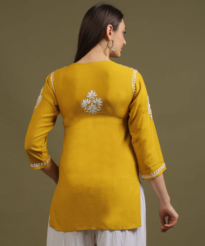 NEA Chikankari Yellow Rayon Short Top With White Embroidery