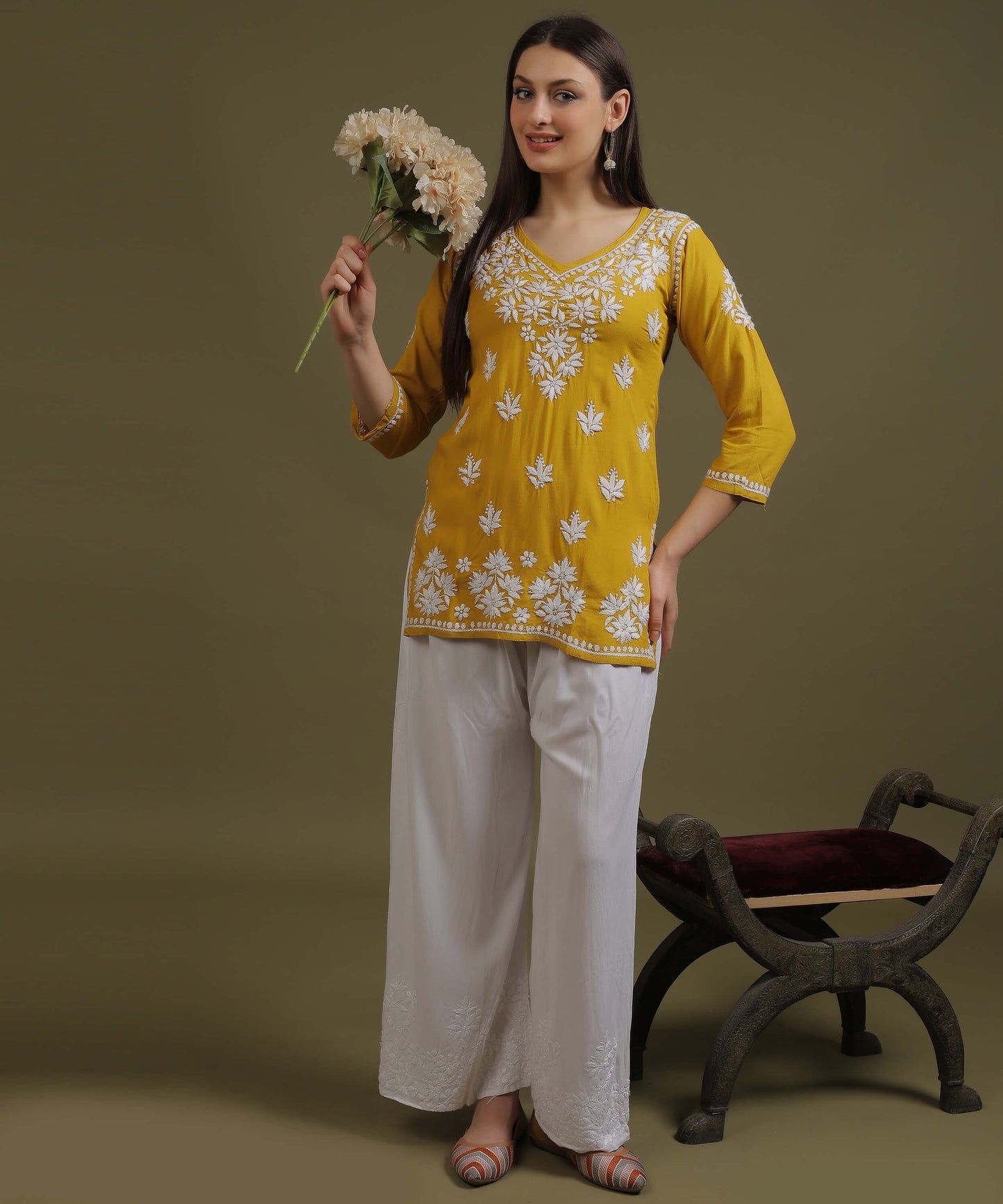 NEA Chikankari Yellow Rayon Short Top With White Embroidery