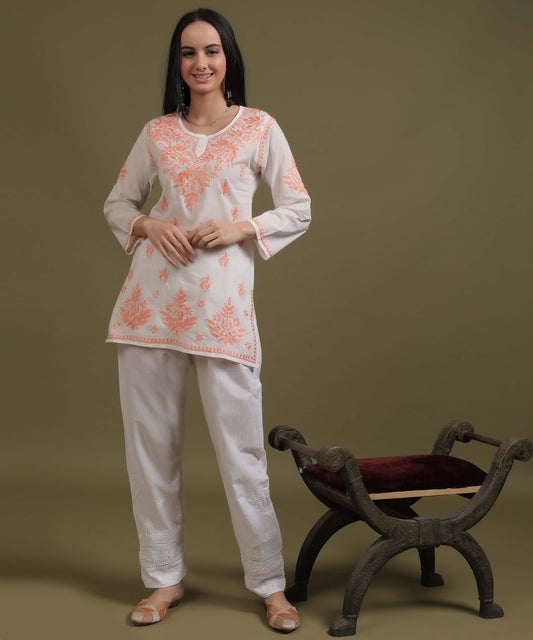 NEA Chikankari White Rayon Short Top With Peach Embroidery
