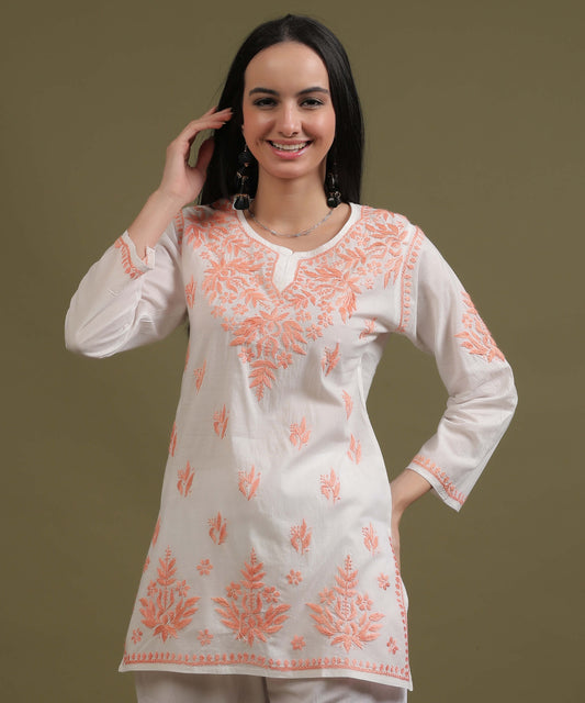 NEA Chikankari White Rayon Short Top With Peach Embroidery