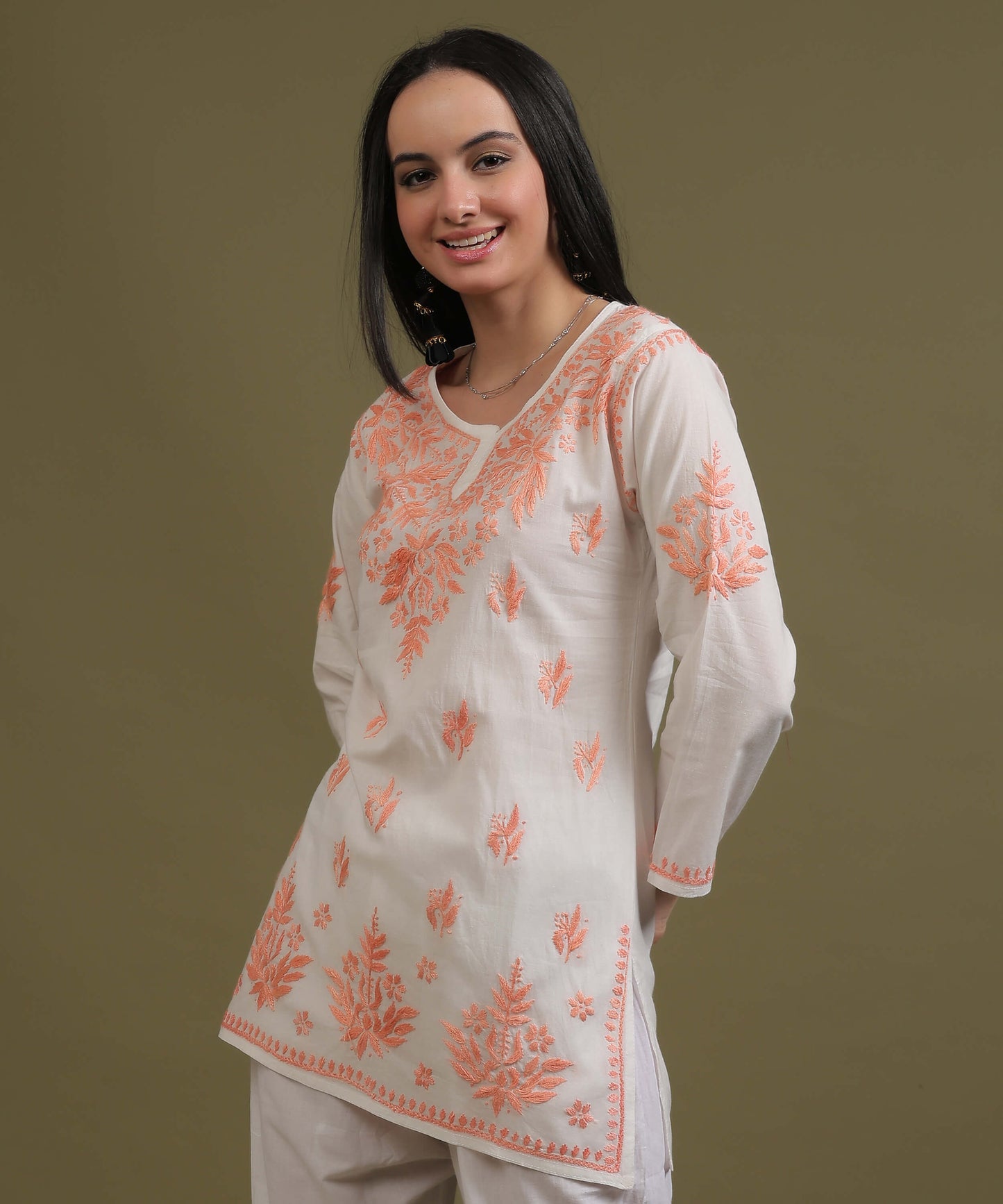 NEA Chikankari White Rayon Short Top With Peach Embroidery