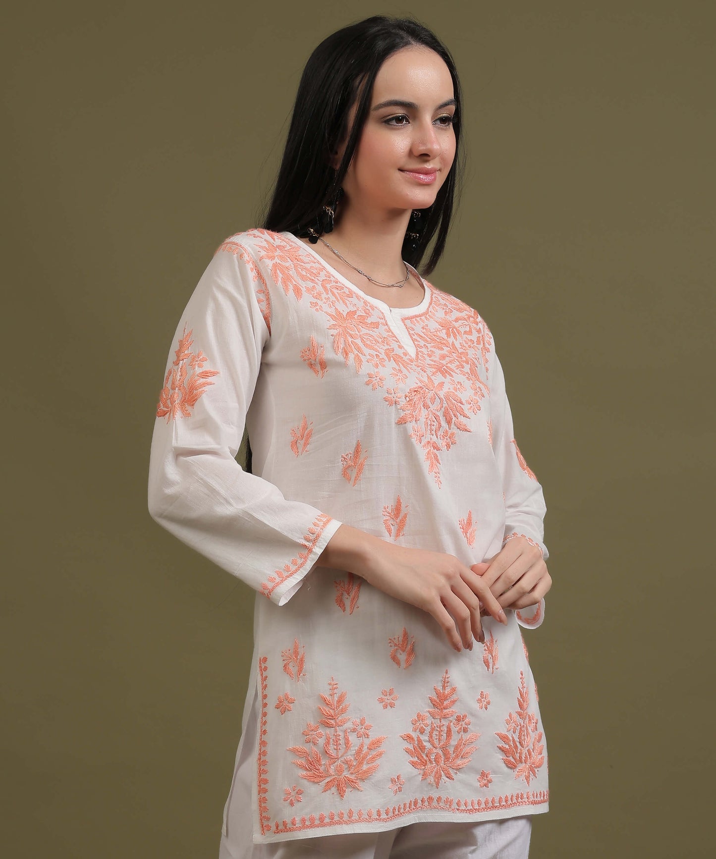 NEA Chikankari White Rayon Short Top With Peach Embroidery