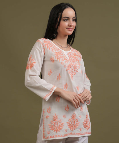 NEA Chikankari White Rayon Short Top With Peach Embroidery