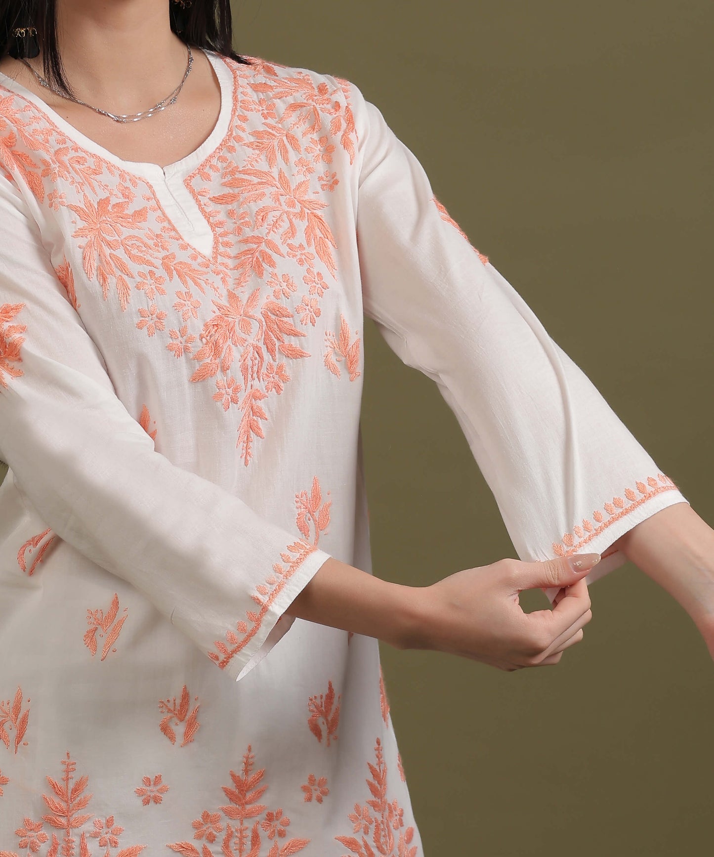 NEA Chikankari White Rayon Short Top With Peach Embroidery