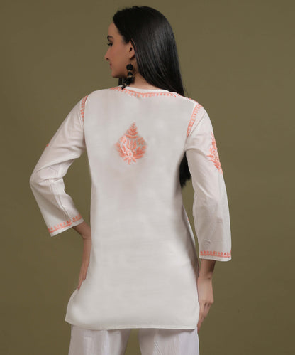NEA Chikankari White Rayon Short Top With Peach Embroidery