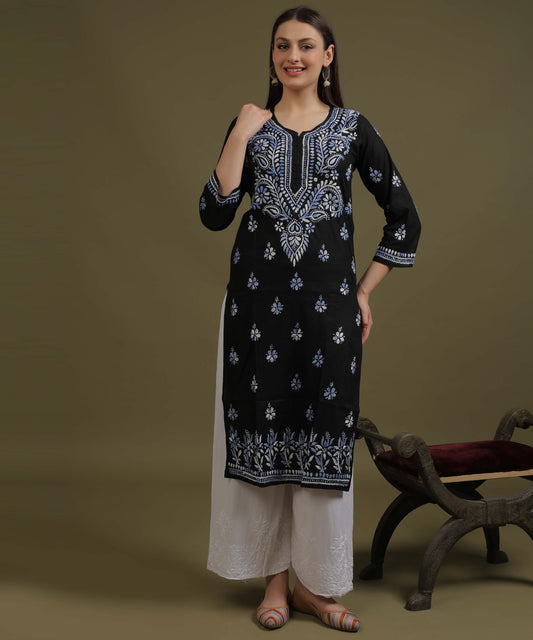NEA Chikankari Black Cotton Kurti With Shaded Cobalt Blue Embroidery