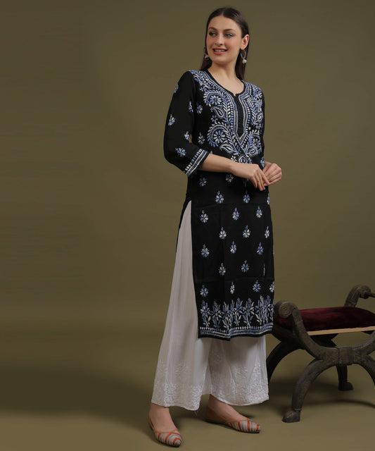 NEA Chikankari Black Cotton Kurti With Shaded Cobalt Blue Embroidery
