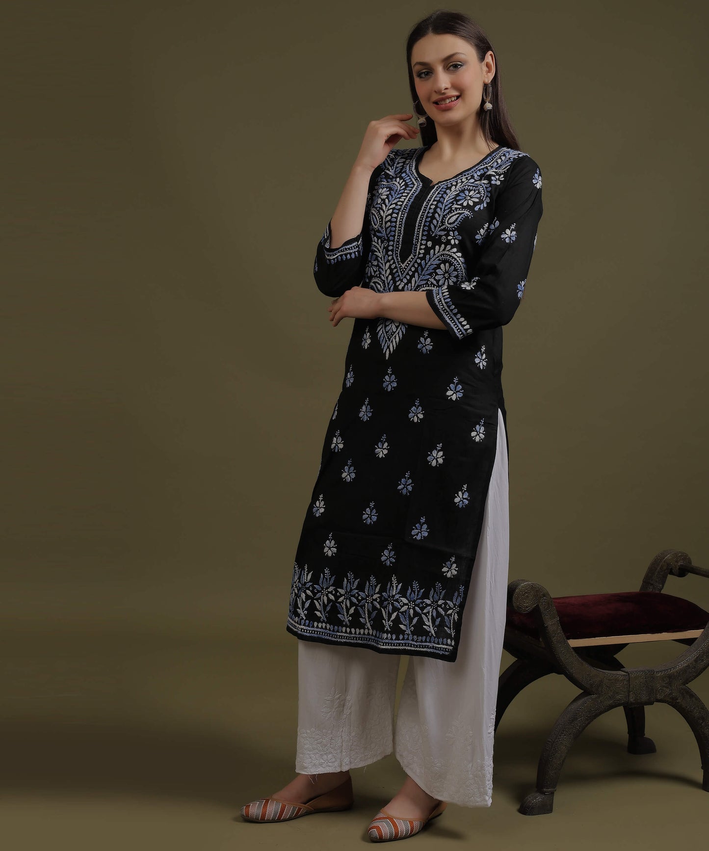 NEA Chikankari Black Cotton Kurti With Shaded Cobalt Blue Embroidery
