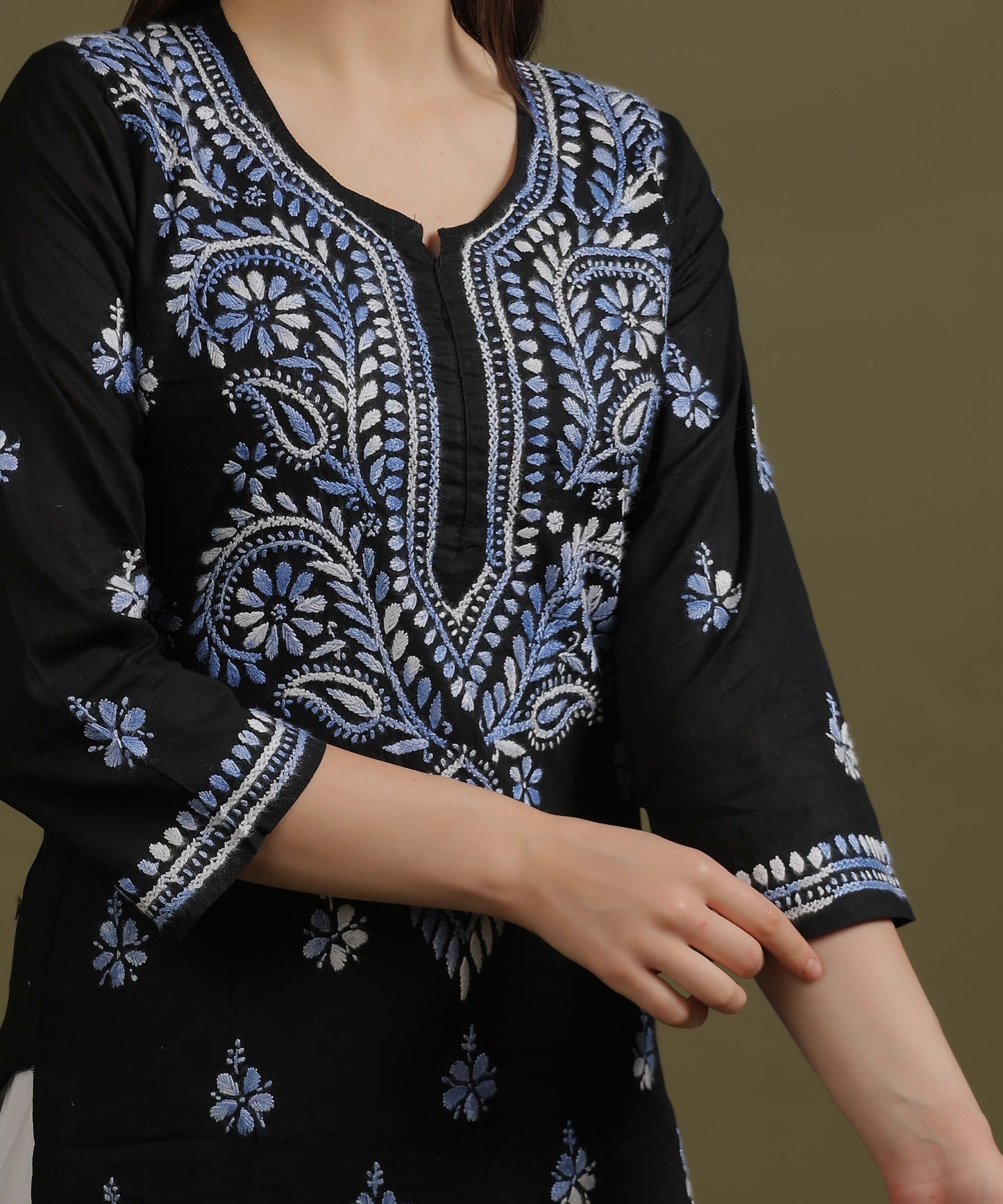 NEA Chikankari Black Cotton Kurti With Shaded Cobalt Blue Embroidery