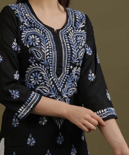 NEA Chikankari Black Cotton Kurti With Shaded Cobalt Blue Embroidery