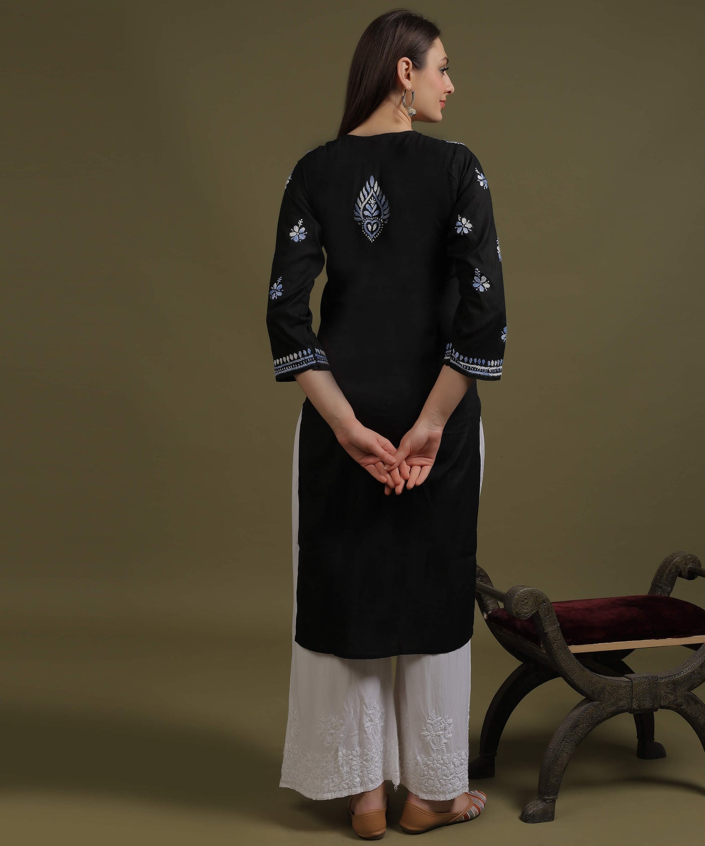 NEA Chikankari Black Cotton Kurti With Shaded Cobalt Blue Embroidery