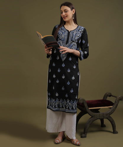NEA Chikankari Black Cotton Kurti With Shaded Cobalt Blue Embroidery