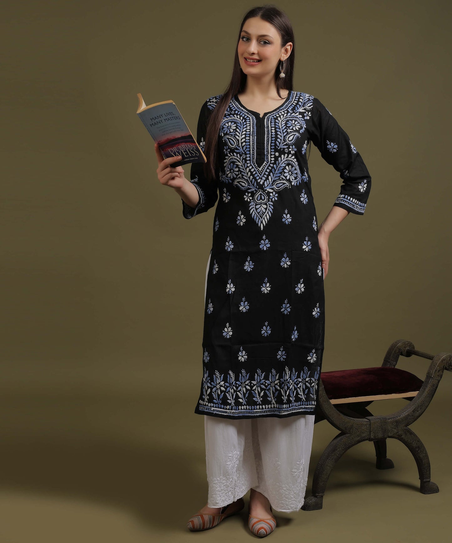 NEA Chikankari Black Cotton Kurti With Shaded Cobalt Blue Embroidery