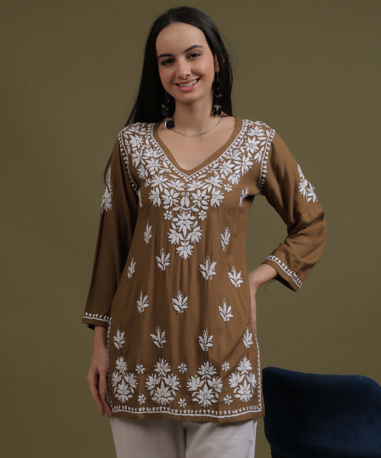 NEA Chikankari Brown Rayon Short Top With White Embroidery