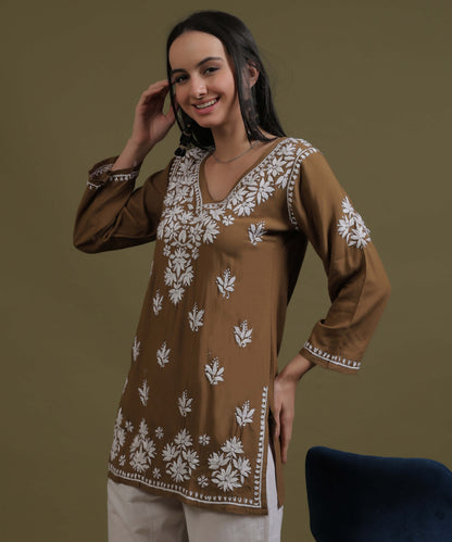 NEA Chikankari Brown Rayon Short Top With White Embroidery