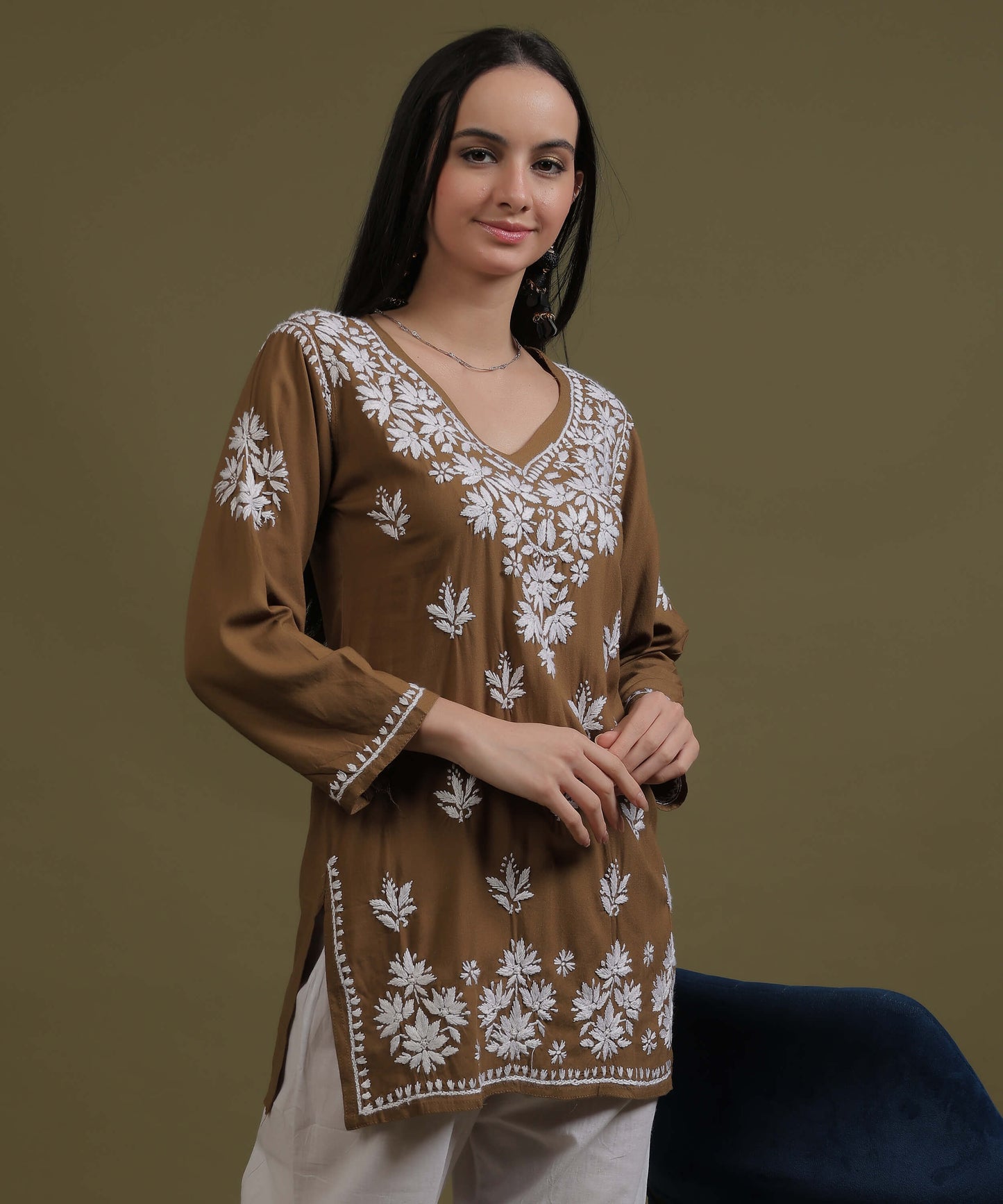 NEA Chikankari Brown Rayon Short Top With White Embroidery