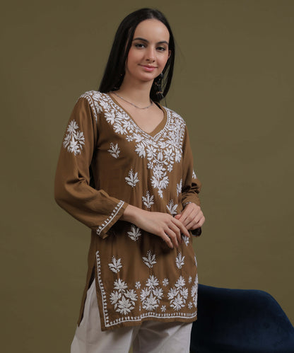 NEA Chikankari Brown Rayon Short Top With White Embroidery