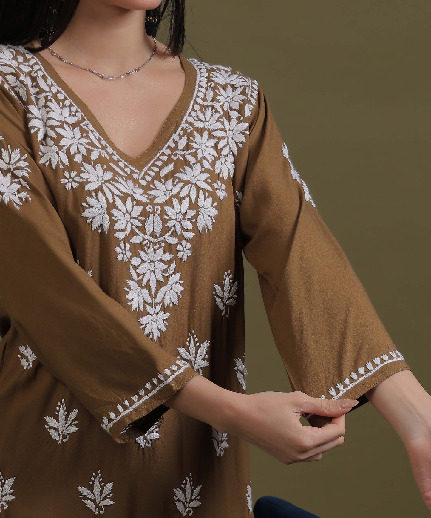 NEA Chikankari Brown Rayon Short Top With White Embroidery