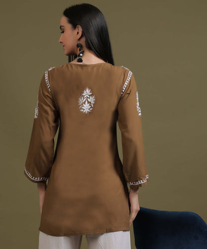 NEA Chikankari Brown Rayon Short Top With White Embroidery