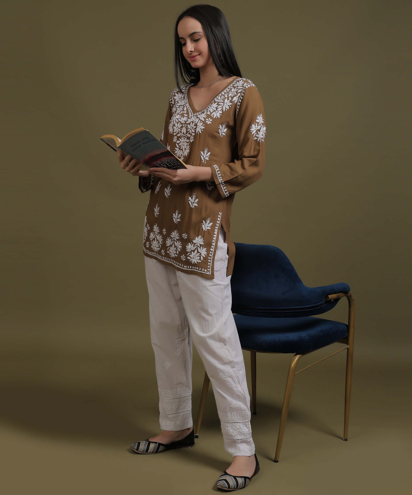 NEA Chikankari Brown Rayon Short Top With White Embroidery