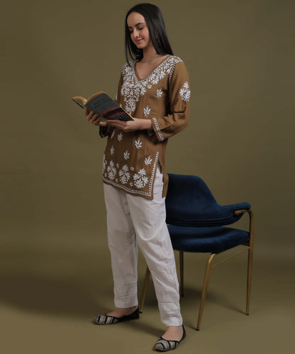 NEA Chikankari Brown Rayon Short Top With White Embroidery