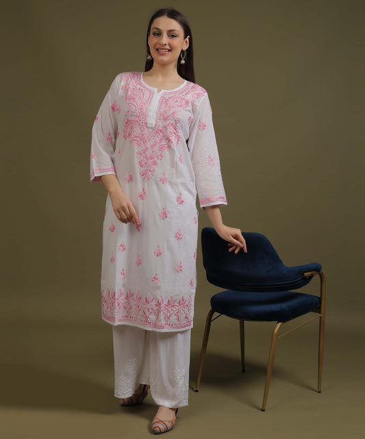 NEA Chikankari White Cotton Kurti With Shaded Baby Pink Embroidery