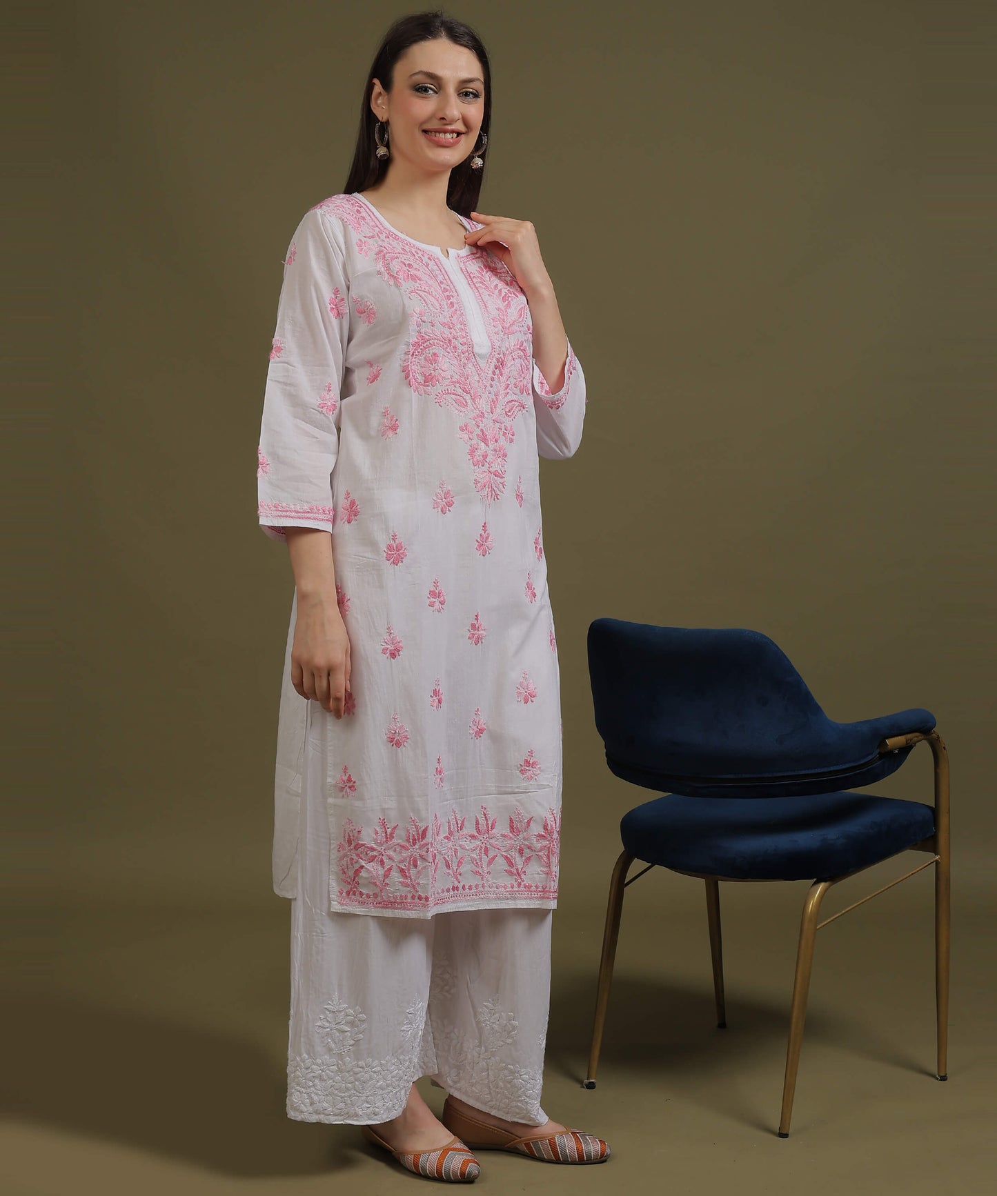 NEA Chikankari White Cotton Kurti With Shaded Baby Pink Embroidery
