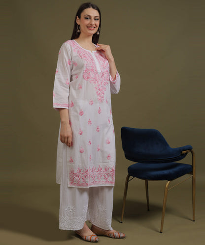 NEA Chikankari White Cotton Kurti With Shaded Baby Pink Embroidery