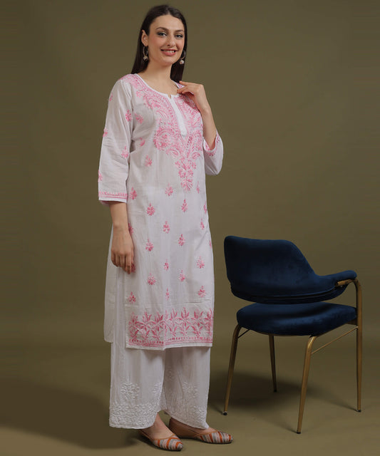 NEA Chikankari White Cotton Kurti With Shaded Baby Pink Embroidery