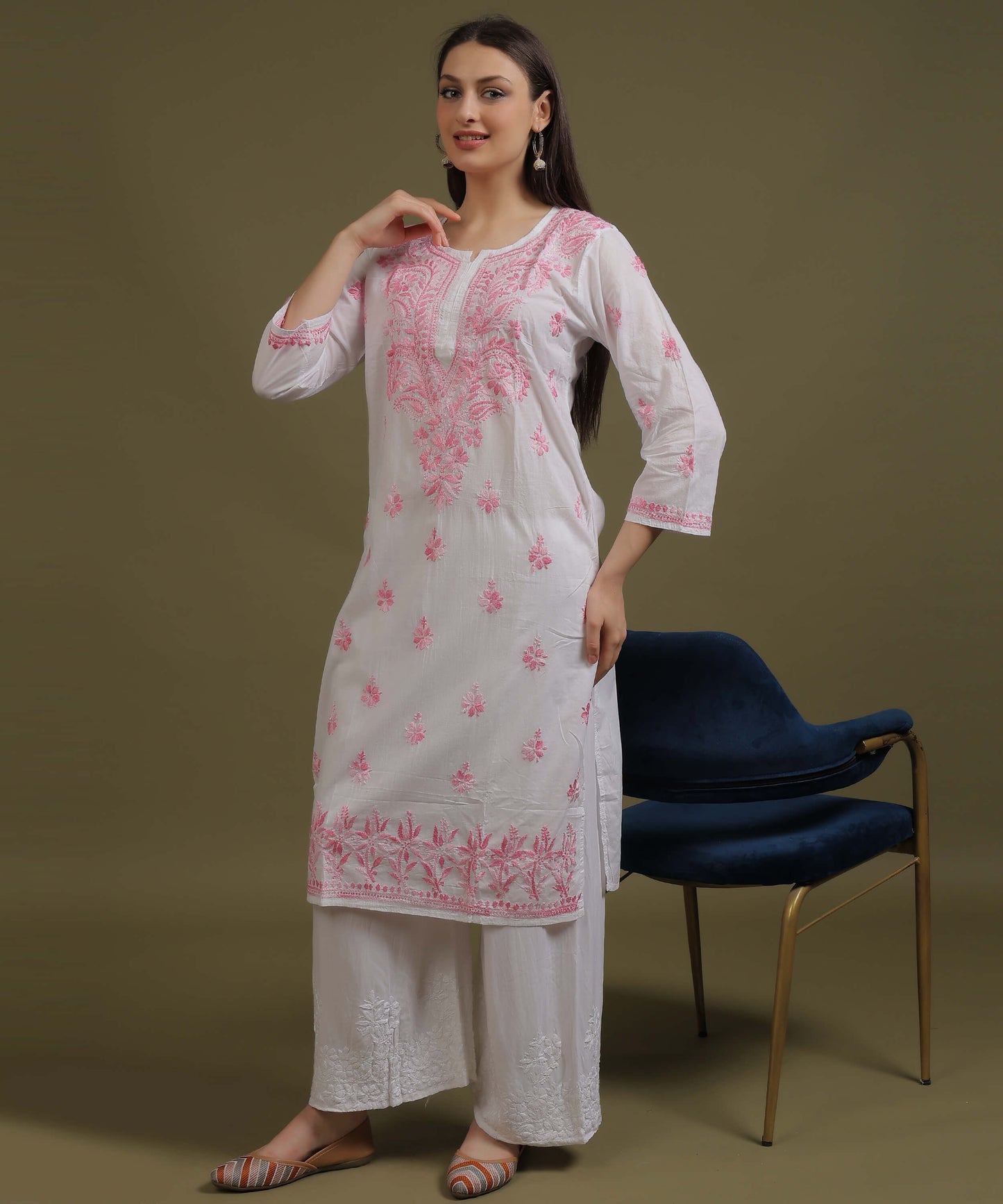 NEA Chikankari White Cotton Kurti With Shaded Baby Pink Embroidery