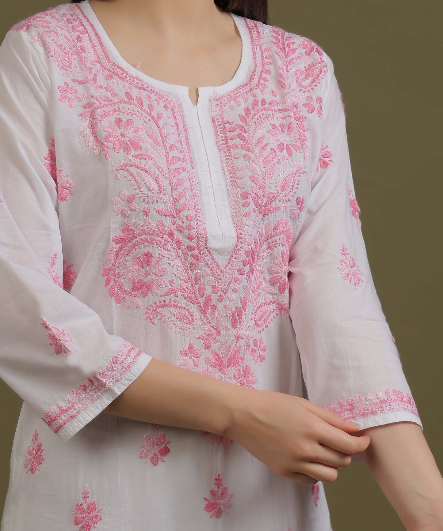 NEA Chikankari White Cotton Kurti With Shaded Baby Pink Embroidery