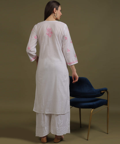 NEA Chikankari White Cotton Kurti With Shaded Baby Pink Embroidery