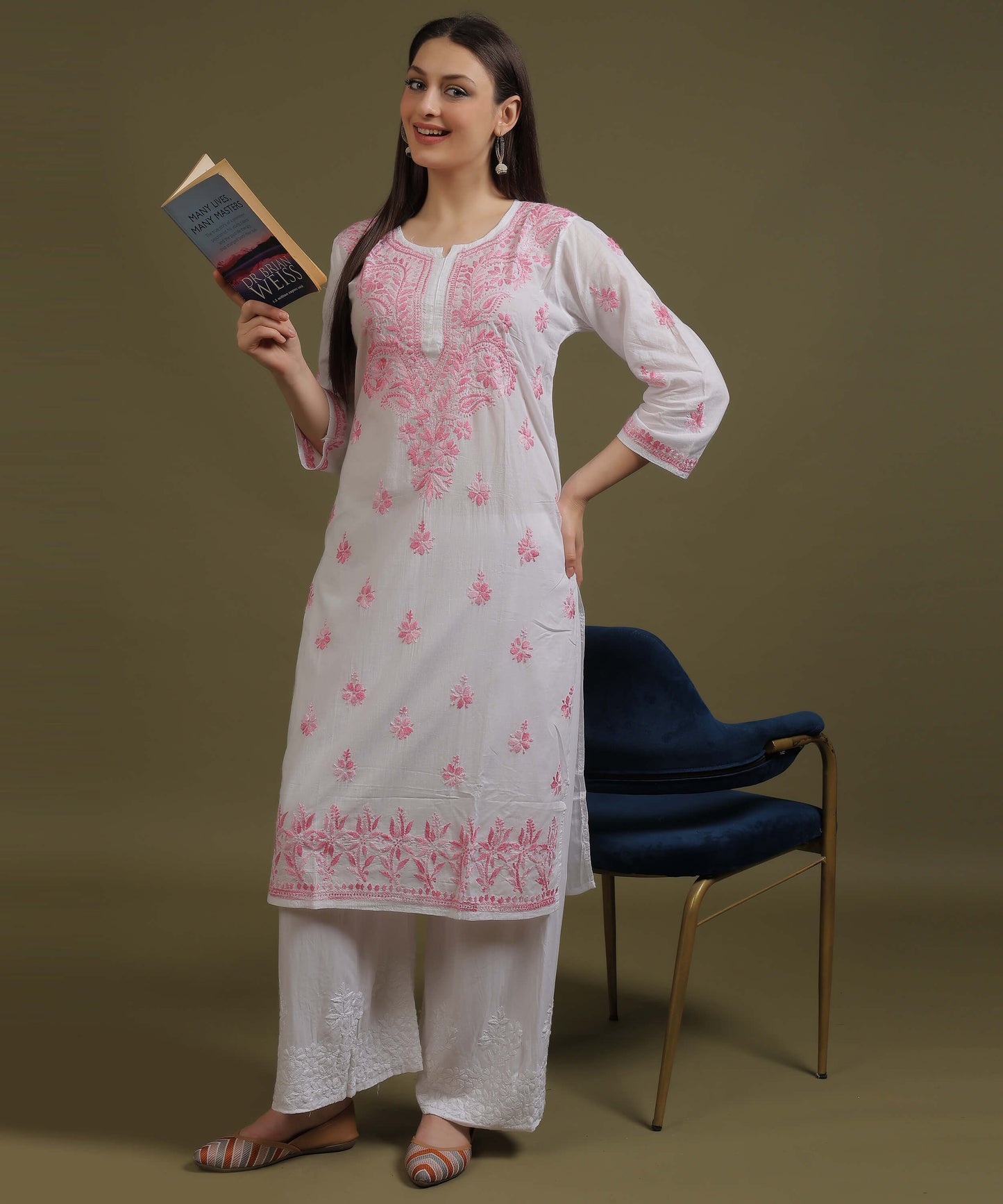 NEA Chikankari White Cotton Kurti With Shaded Baby Pink Embroidery